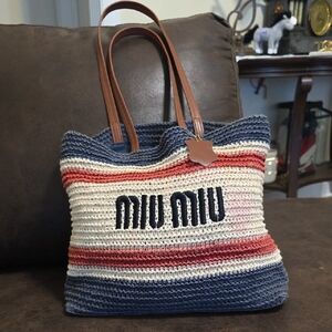 Miu Miu Tessuto Raffia Effect Woven Tote